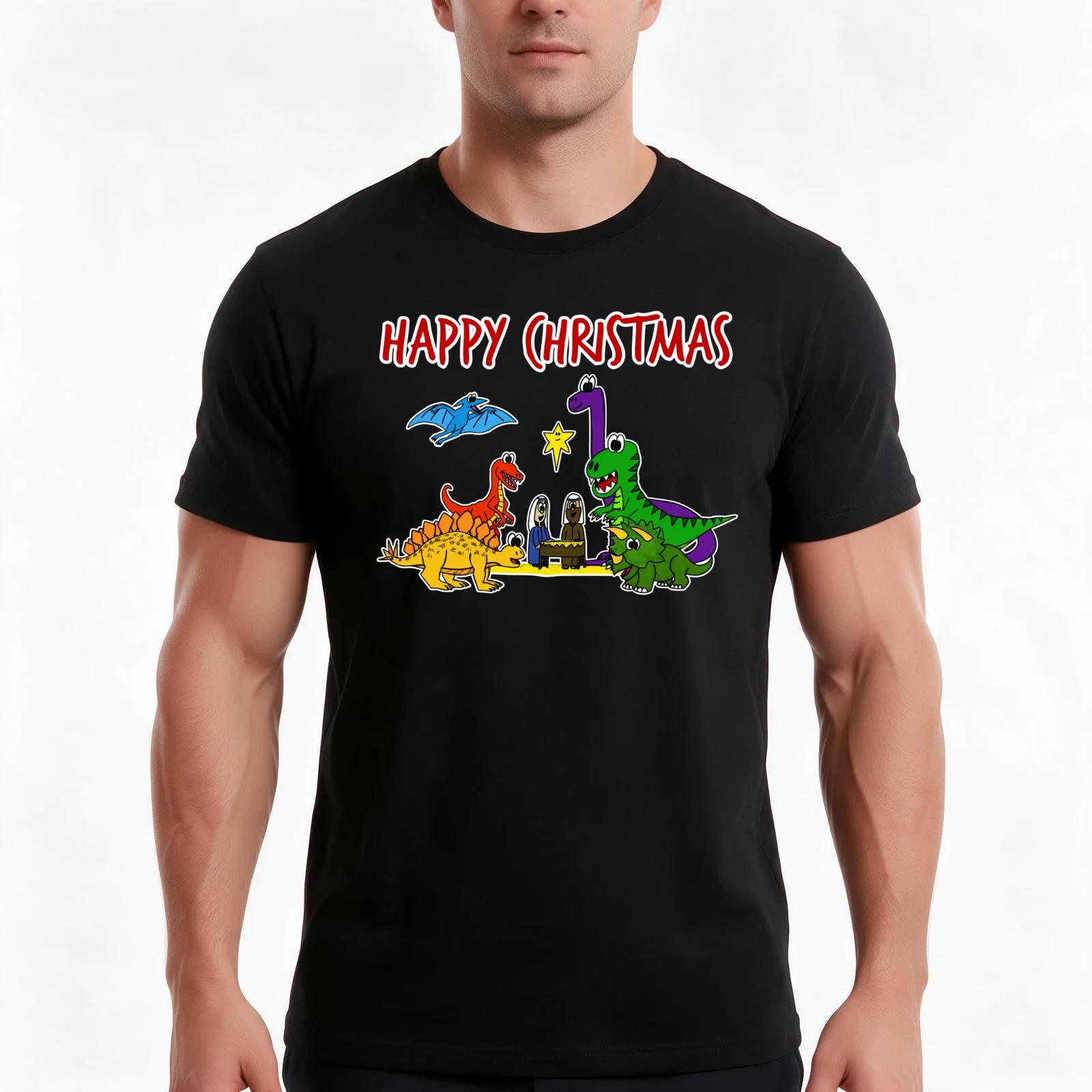 Dinosaur Christmas Nativity Church Xmas Funny T-Shirt, Summer Casual Cotton Tee, Oversized Streetwear Tops, Unisex Men Women