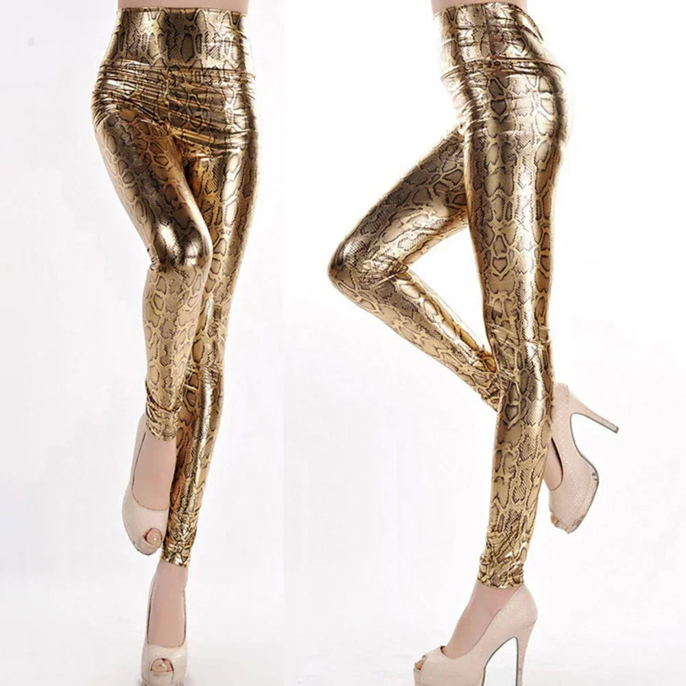 Women Sexy Faux Leather Snake Patterned High Rise Shiny Wet Look Shiny Print Slim Pants Stretch Leggings Cropped Women's Pants