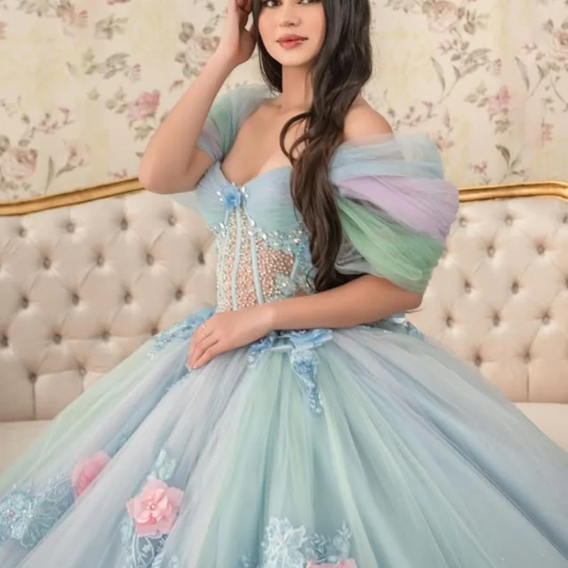 

Голубое платье Quinceanera, кружевное платье с кристаллами, тюлевая наклейка, 3D цветок, кружевное многослойное платье de 15, Quinceanera ﻿ Индивидуальный