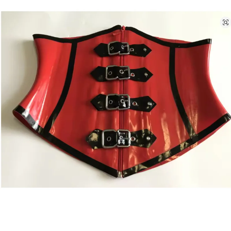 Sexy 0,8 mm rotes Latex-Gummi-Korsett mit Stahlknochen, Schnallenverschluss vorne, Reißverschluss hinten, Schnür-Bustier-Top