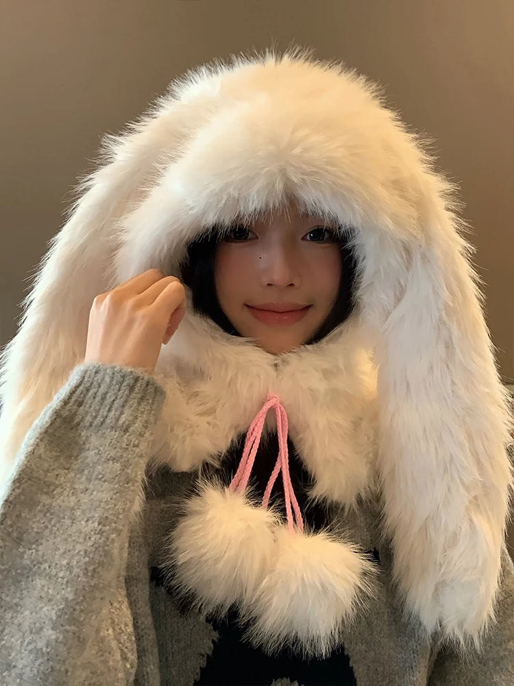 Autumn And Winter Cute White Bunny Ears Lop-ear Plush Hat Female Thick Go With Everything Pullover Cap Xiaohongshu Sweet Hat