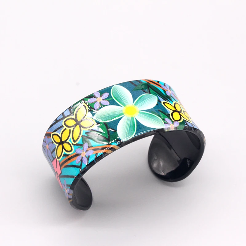 1Pcs Ethnic Color Flower Plant Painted Bangle Cuff Bracelet Women Acrylic New Fashion Retro Open Big Wide Bangle Wedding Jewelry