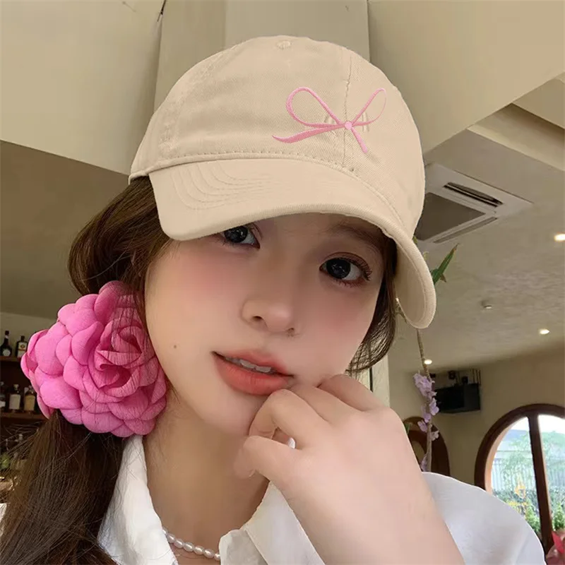 Sweet Bowknot Embroidery Baseball Hat For Women Solid Color Korean Girl Peaked Cap Outdoor Soft Cotton Snapback Sun Visors Hat