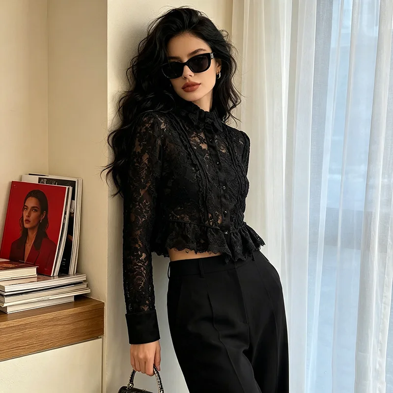 Sexy Lace Shirt Women's Fashionable Earlet Collar Ladylike Blouse Polyester Long Sleeve Micro Stretch Splicing Autumn New Arr...