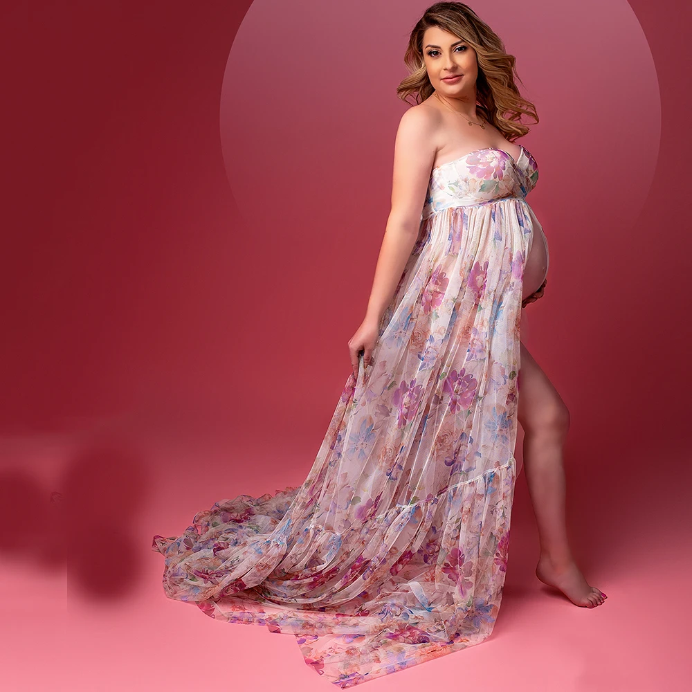 No Linining See Thought Maternity Dress Floral Print Detachable Bubble Sleeves Customized Pregnancy Photoshoot Gowns High Slit