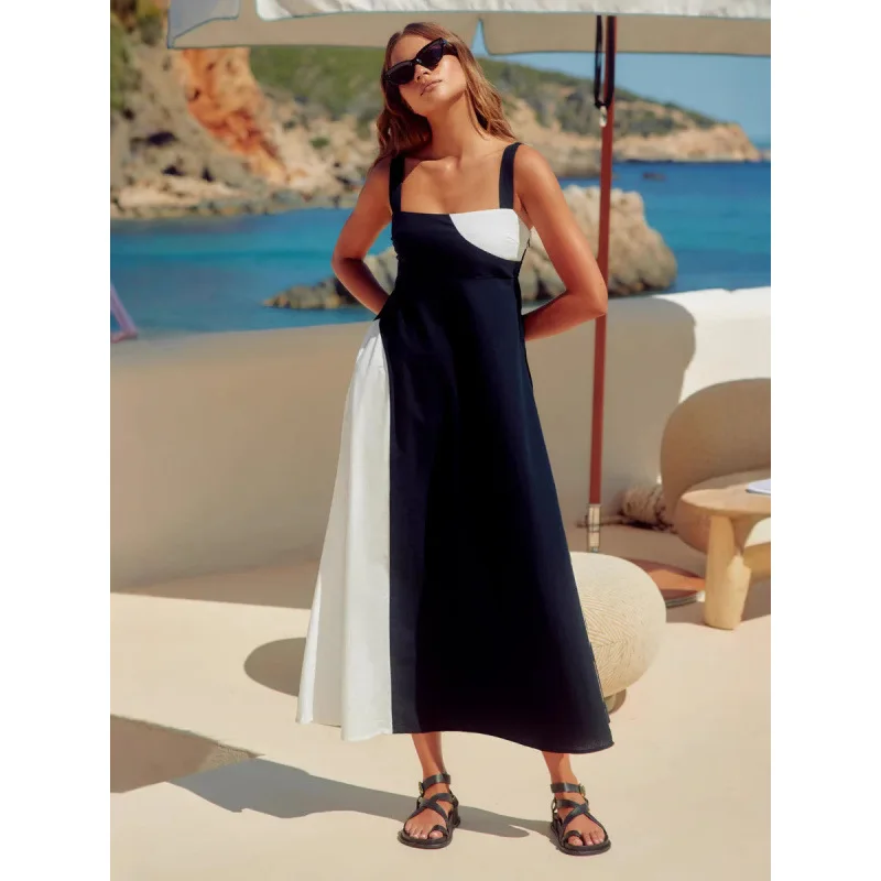 

Лето 2025 г., новое европейское и американское элегантное модное платье без рукавов в стиле отпуска, платье с цветными блоками