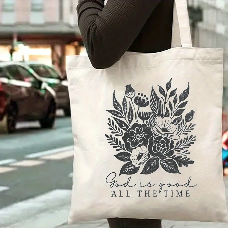 

Women's Motivational "God Is Always Good" Floral Print Tote Bag - Durable Reusable Shopping Bag with Open Top, Machine Washable
