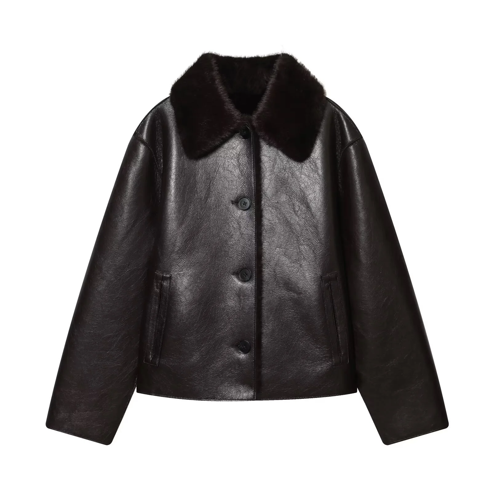 2026 Autumn/Winter New Arrivals Dark Brown Long-Sleeve Faux Leather Reversible Jacket Stylish and Unique Women's Jacket