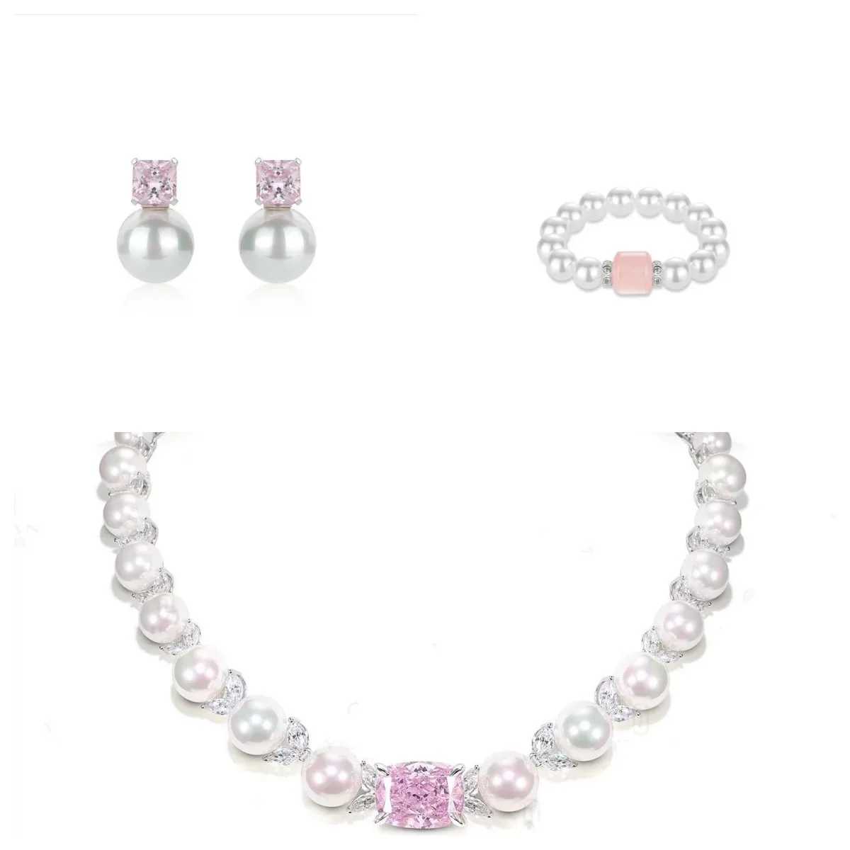 

ZOCA New Shiny Crystal Pink Natural Freshwater Pearl 925 Sterling Silver Female Jewelry Set Necklace Earrings Bracelet For Women