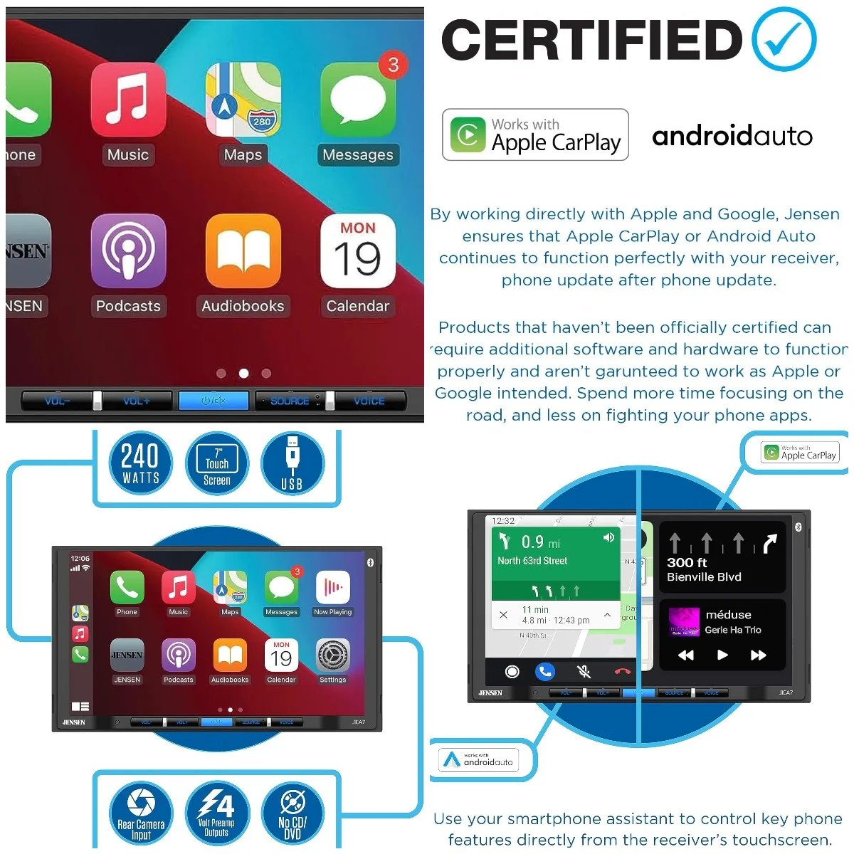 Estéreo de carro certificado de 7 polegadas com Apple CarPlay e Android Auto, Bluetooth, entrada de câmera de backup, carregamento USB