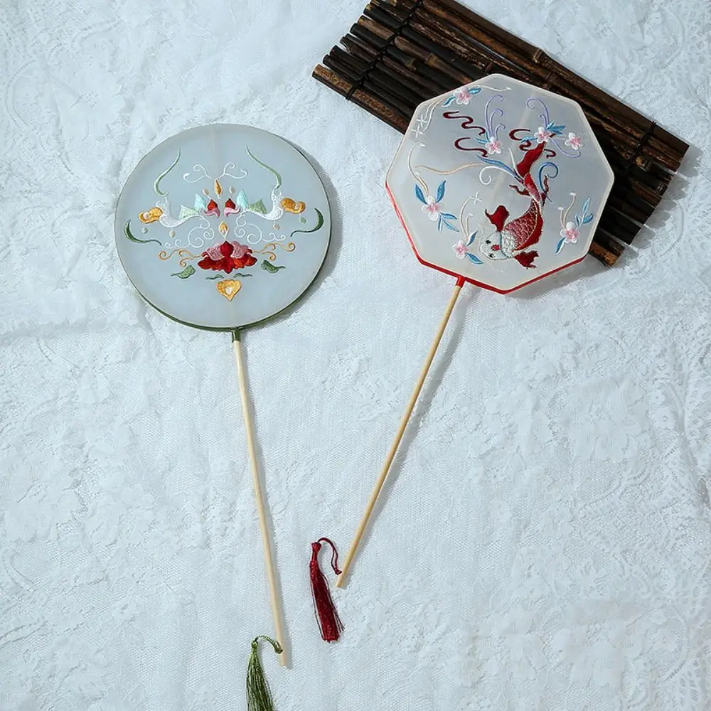 Classical Chinese Style Round Fan Embroidered Vintage Long Handle Silk Fan With Tassel Semi-transparent Hanfu Hand Fan