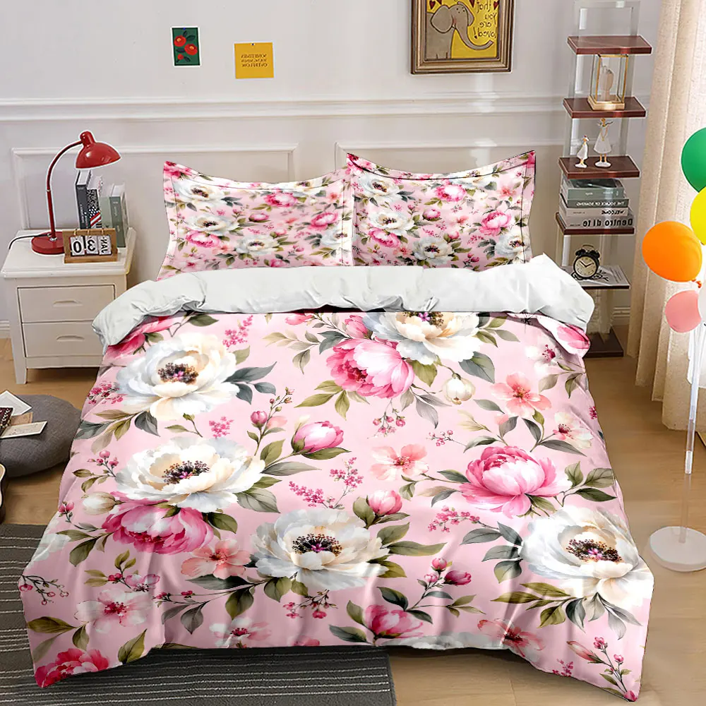 Delicate floral pattern on pink background Print Bedding Set 1 Duvet Cover 2 Pillowcases for Adult and Children Luxury Gift