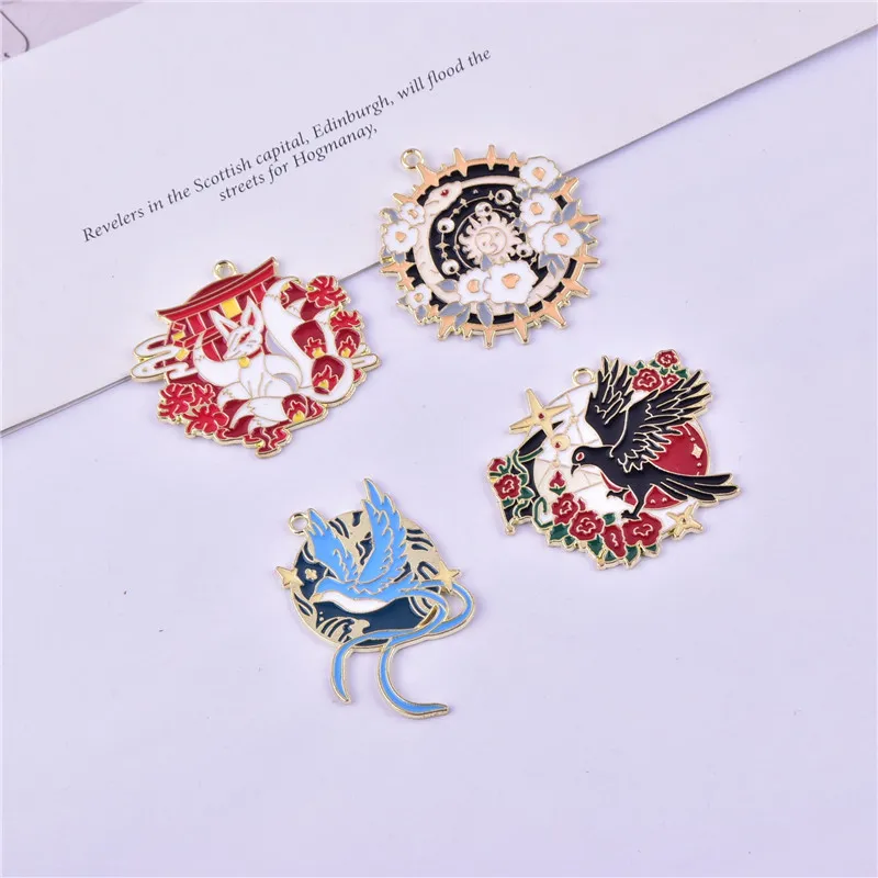 10pcs/pack Big Size Sun Fox Bird  Round  Enamel Metal Charms Pendant Jewelry Making Craft DIY