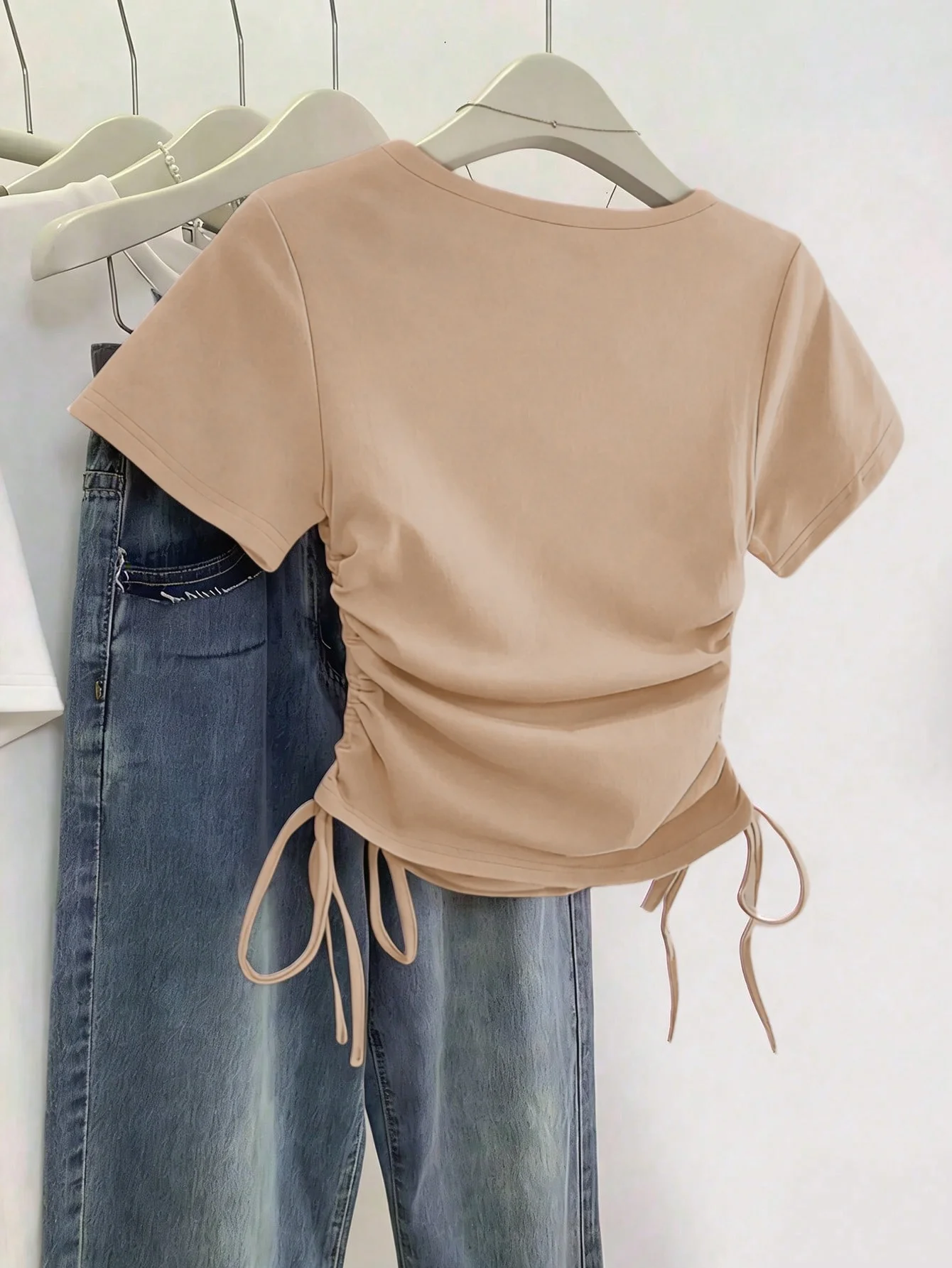 3 Pack Multi-color Women Crew Neck Short Sleeve Double Side Drawstring Ruched Slim Fit Cropped T Shirt 2026 Summer Y2K Solid Cas