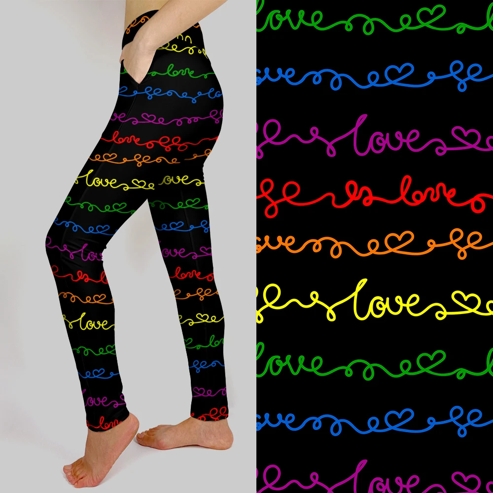 

LETSFIND Hot Sale Women Leggings 3D Love Word and Hearts Handwritten Line Print Fitness Legging High Waist Inside Pockets Pants