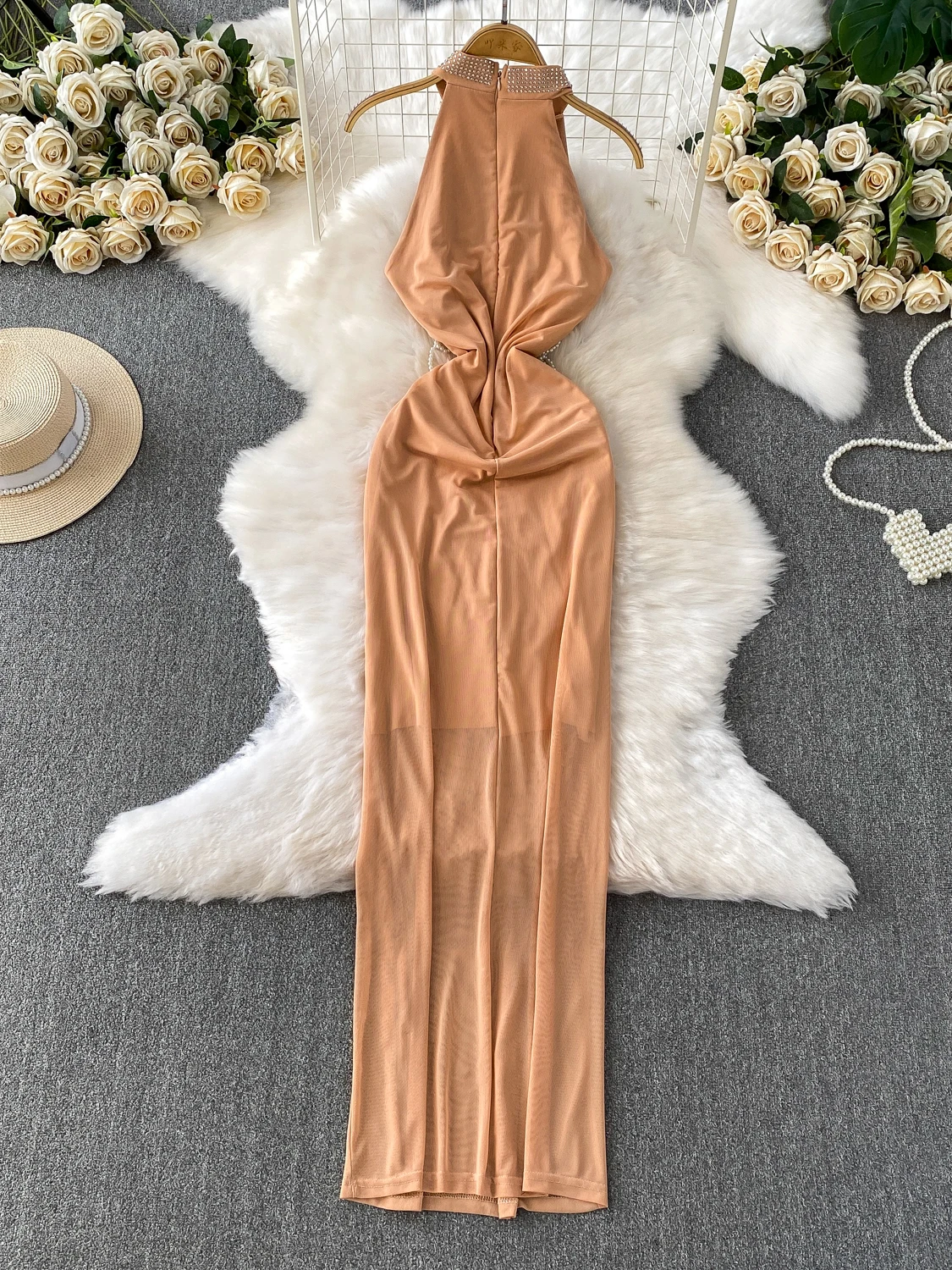 Ele Heavy-Detail Diamond Embelished Off-oulder adelgazante largo Dr para mujer sensación de lujo vestido acampanado de cintura alta
