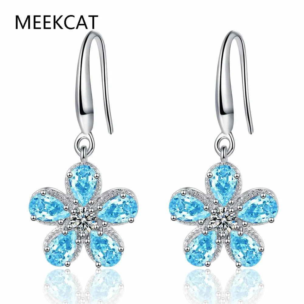 

Pear Cut Natural Blue Topaz 925 Sterling Silver Five-Petals Flower Drop Earrings for Women Fashion Statement Gemstone Jewelry