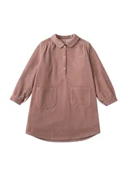 Girls Cotton  Corduroy Retro Long-Sleeve Dress  Autumn Winter New Baby Girl Button Down Pocket Casual Pink Loose Warm Dresses