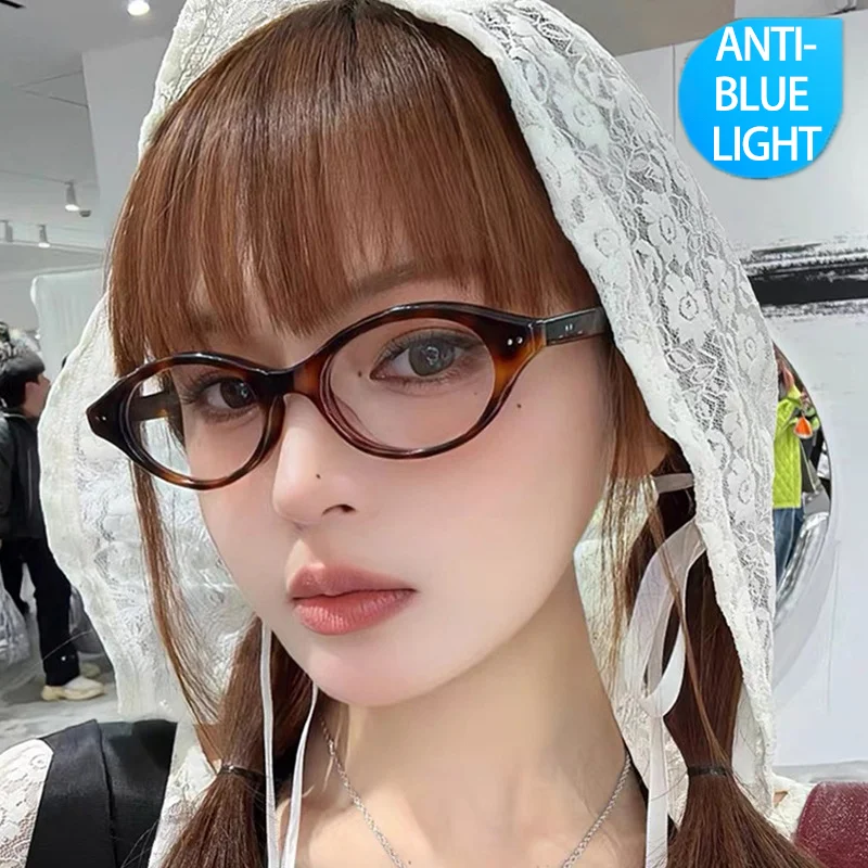 

Small Oval Glasses For Women Vintage Tortoiseshell Cat-eye Frame Anti-blue Flat Lens