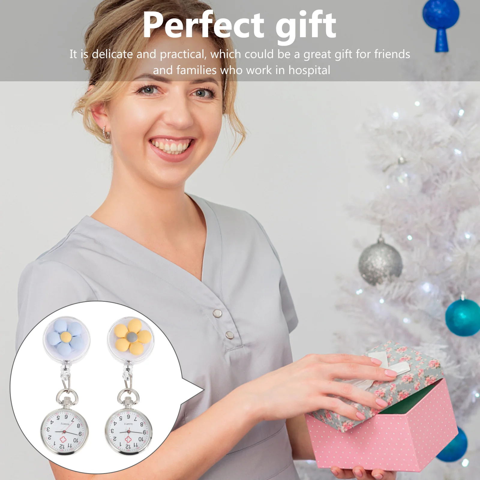 2Pcs Flower Pattern Pocket Watch for Nurses Clip-on Hanging Nurse Watch with Quartz Movement Portable Medical Timepiece