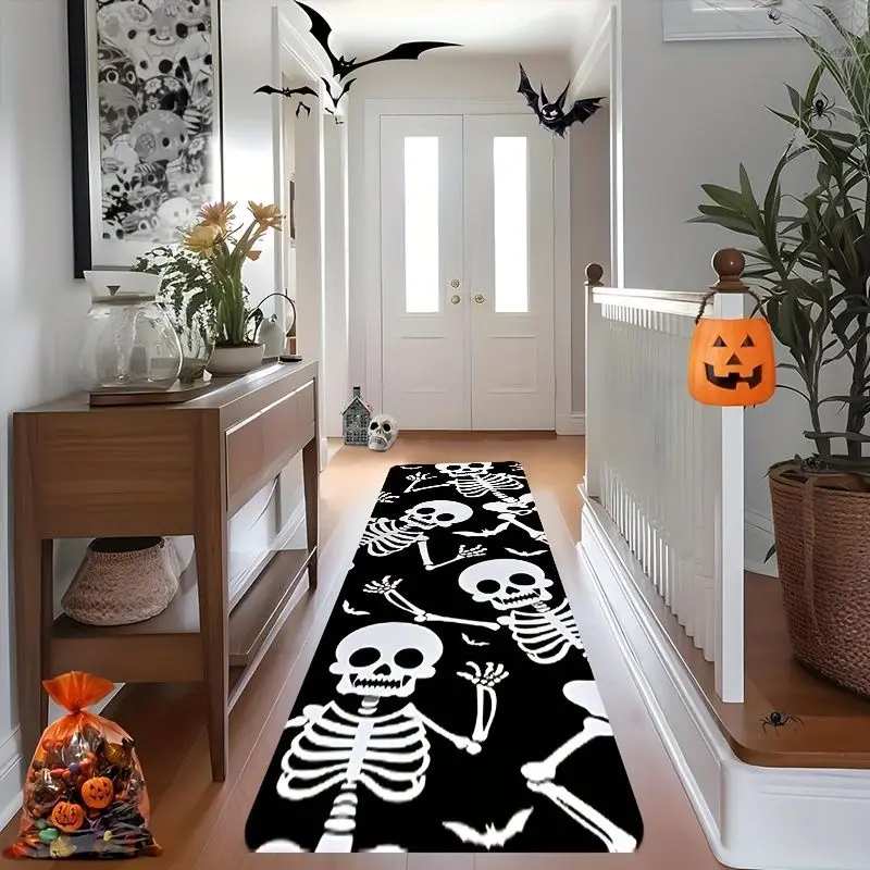 VIKAMA Halloween Skull Skeleton Runner Rug Bat Pattern Non Slip Long Floor Mat Entryway Hallway Party Spooky Home Decor