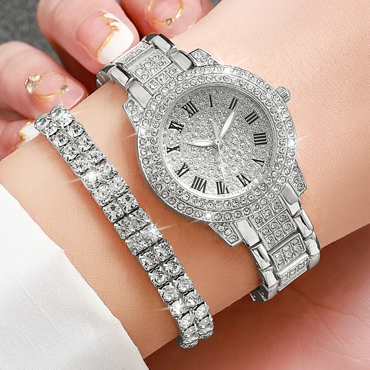 Full diamond silver shell Roman dial women's steel strap watch square rhinestone jewelry five piece set, not including gift box view 4