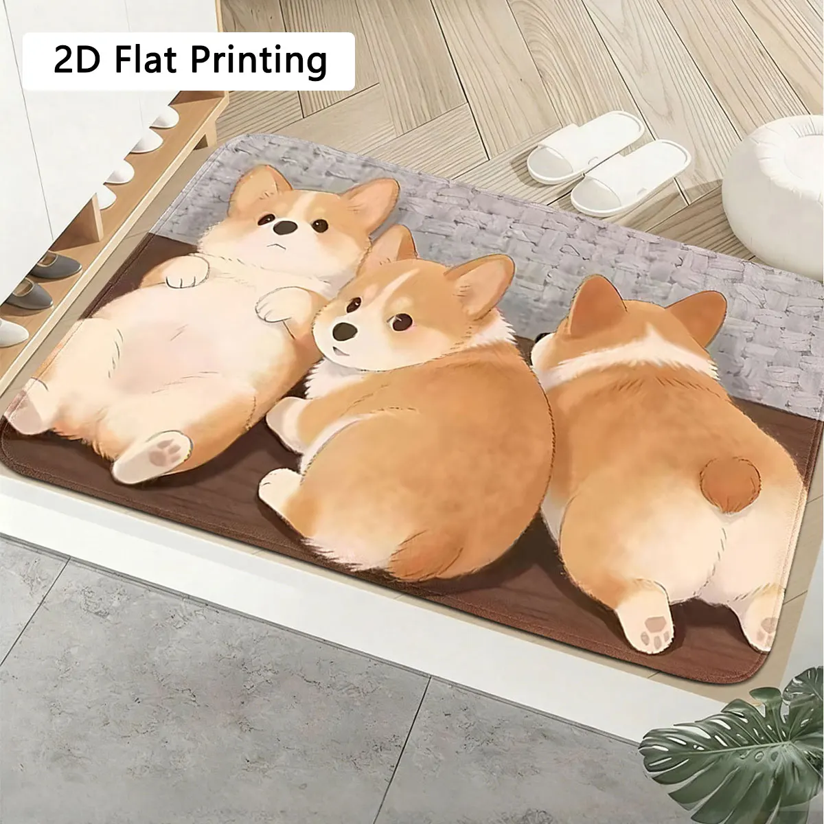 A Set of Three Cute Corgi Flannel Floor Mats, Soft and Adorable, Non-Slip and Absorbent, Suitable for Entryway/Bedroom, Dirt-Resistant and Easy to Clean