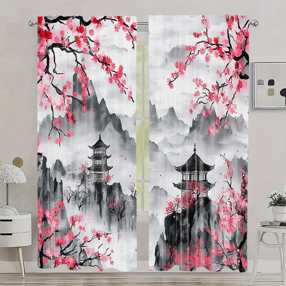 2PCS Chinese Ink Painting Sakura Blackout Curtains Rod Pocket Top for Bedroom Living Room