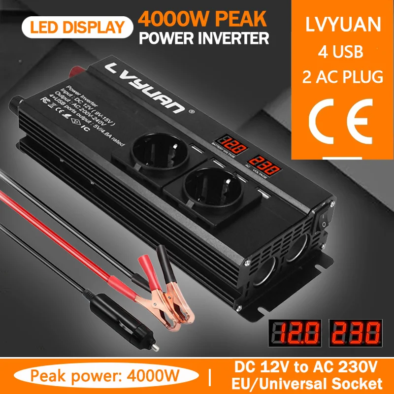 

4000W/5000W/6000W Peak DC 12V To AC 220V 50Hz EU/Universal Socket LED Display With 4.8 A 4 USB 3 AC Car Adapter Power Inverter