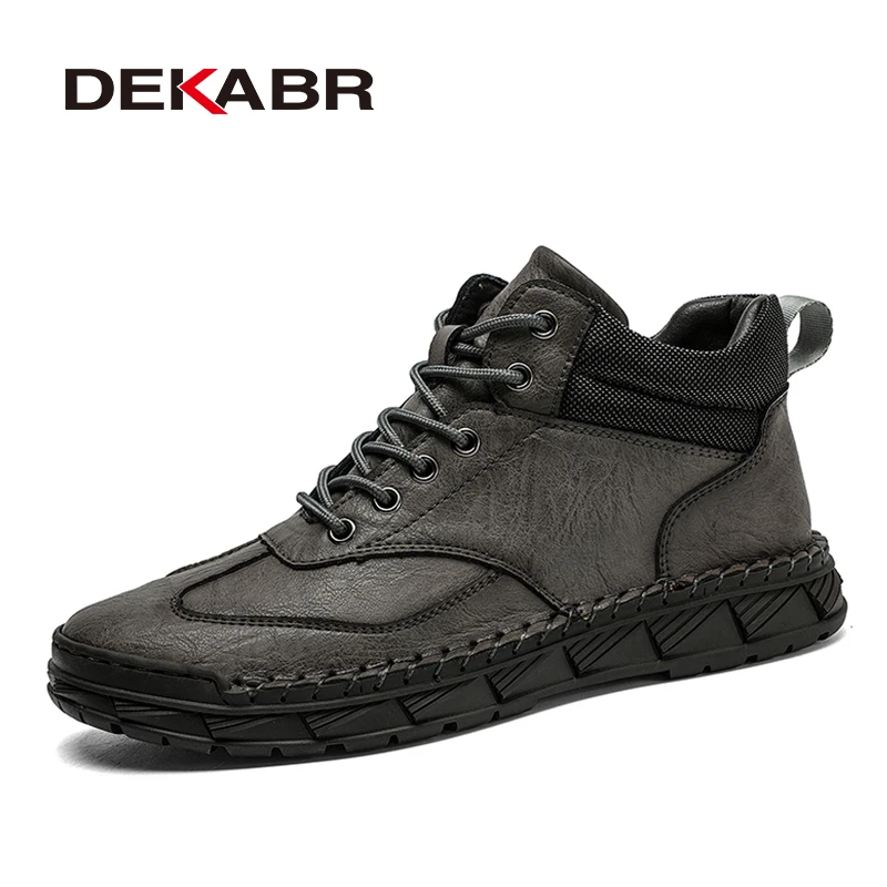 

DEKABR Pu Leather Men’s Mid-Top Autumn Winter Casual Shoes Hand-Stitched Warm Lined And Single Layer Ankle Boots Men