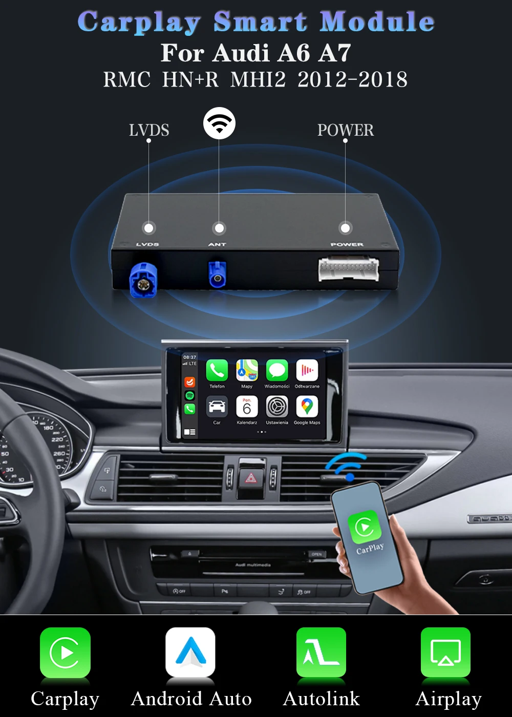 AUTOTOP Drahtlose Carplay Android Auto Für Audi A6 C6 A7 HN HNR BNav HNav RMC MHI2 2012-2018 MirrorLink Airplay Rückfahrkamera – Detail 1