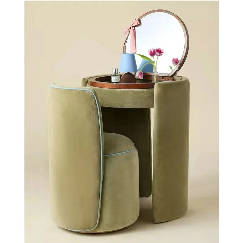 Luxury Vintage Antique Padded Makeup Dresser with Foldable Mirror and Stool Set Bedroom Wooden Corner Dresser