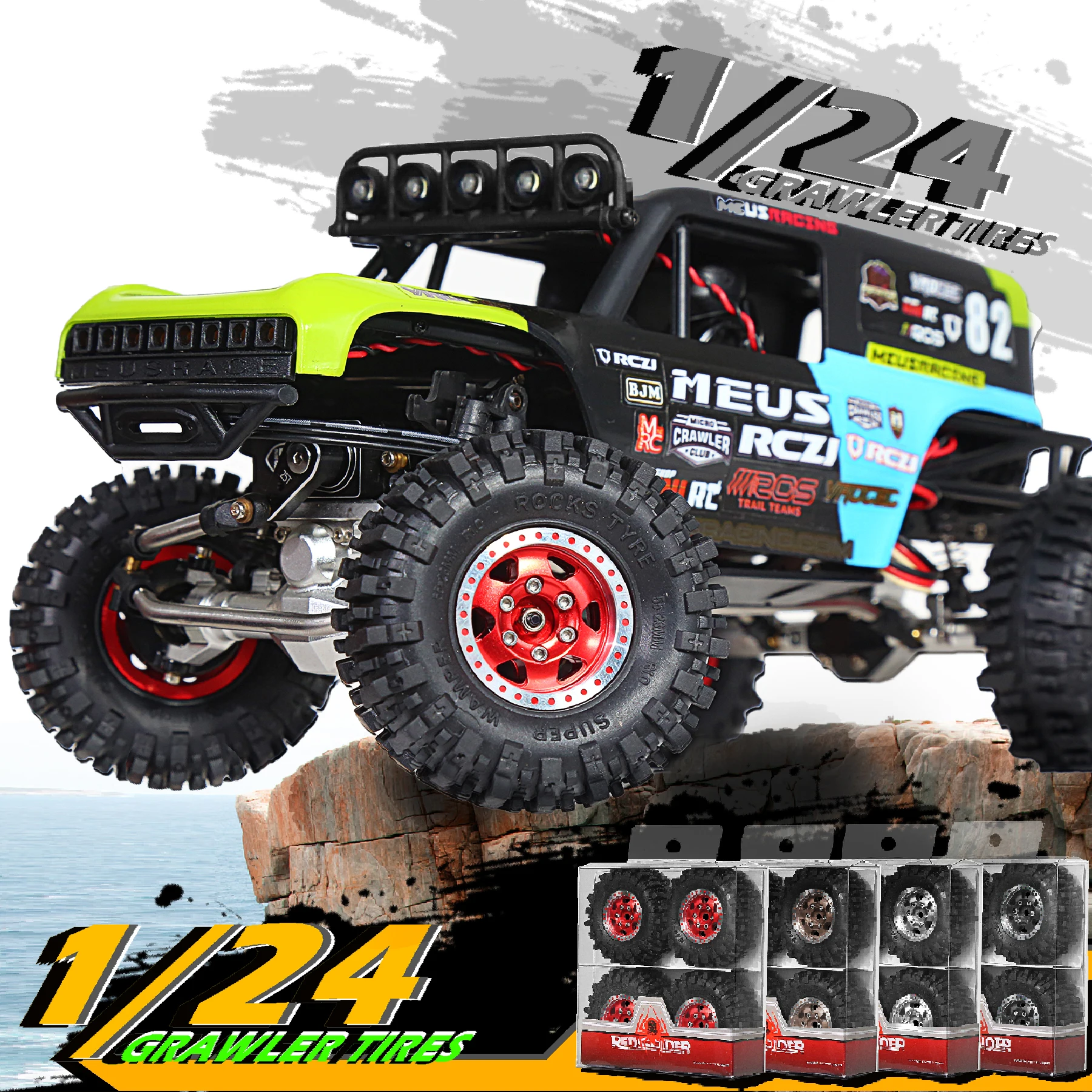 

RED SPIDER Mud Terrain Tires 1.0 Beadlock Wheel Rims Set For 1/24 RC Crawler Car Axial SCX24 FMS FCX24 Enduro24 AX24 (R174)