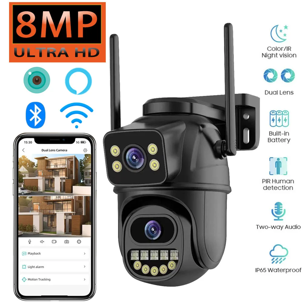 

4K 8MP WiFi Surveillance Camera Dual Lens External Waterproof 4X Digital Zoom Outdoor CCTV 360 Wireless Security PTZ IP Cameras