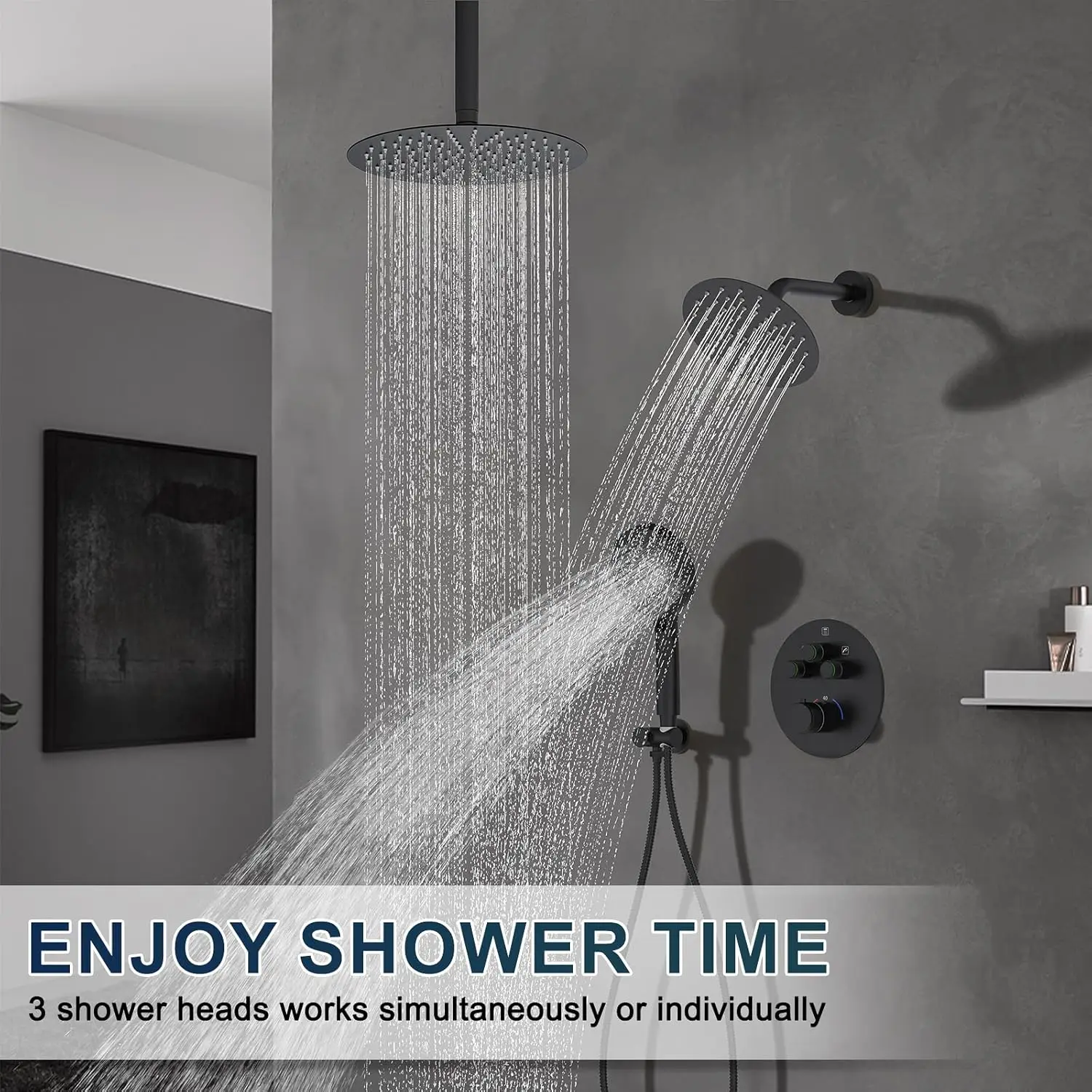 Thermostatic Shower System Adjustable Water Flow Push Button Diverter, Round Dual Shower Heads Faucet Set with Handheld Spray