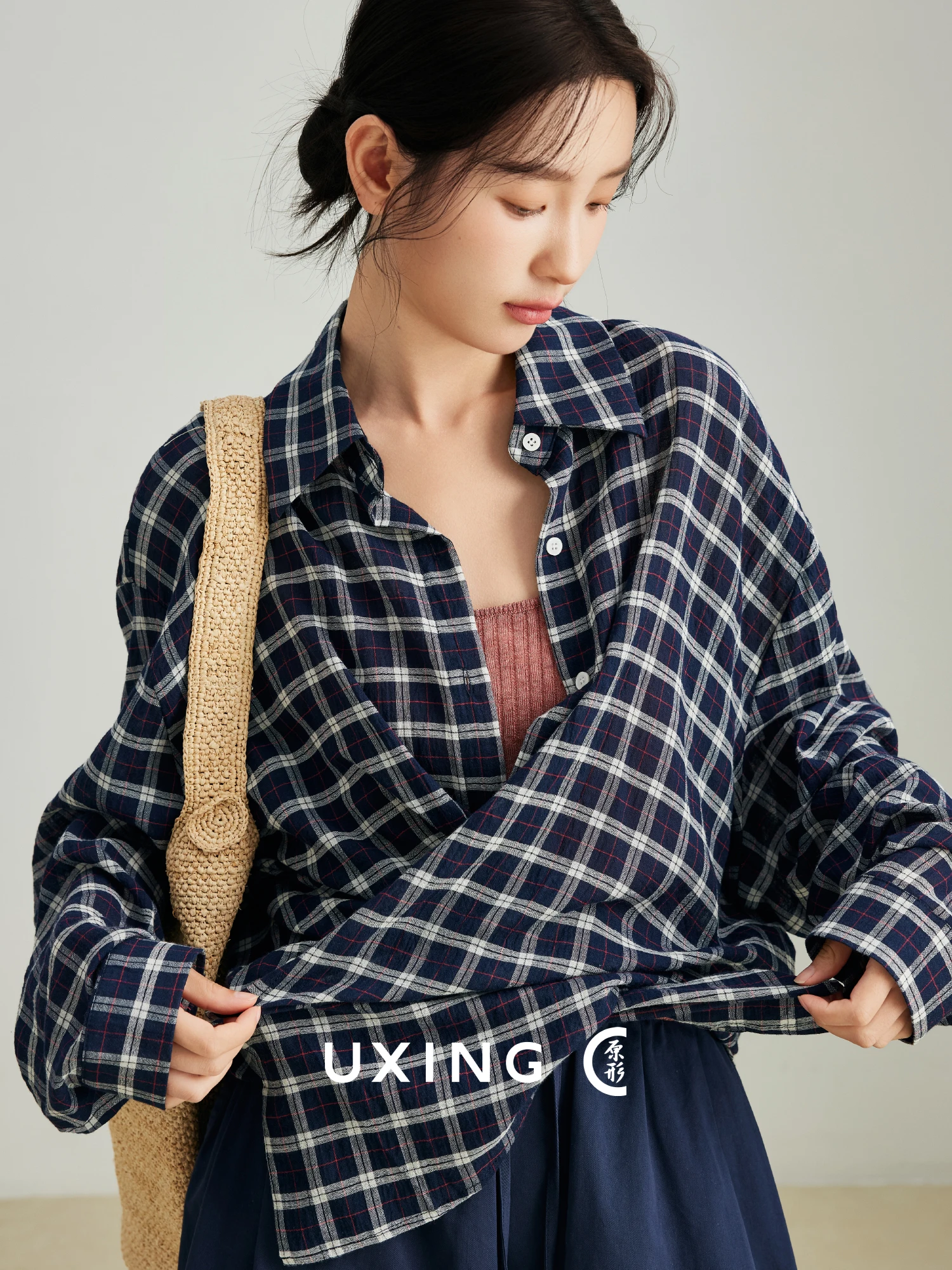 

Faionable Retro Plaid Long Sve irt Women's Loose Casual Versatile Button up Cotton Blend Sun Protection Spring Summer