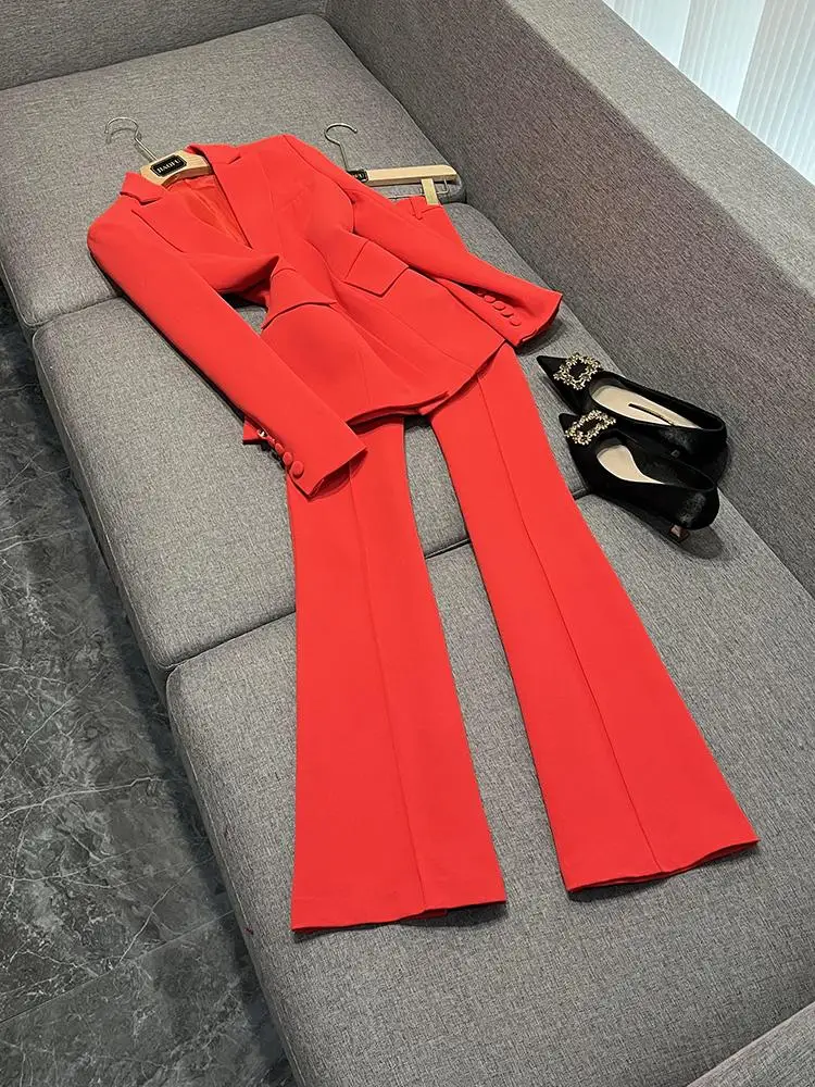 

Модный костюм на одной пуговице и брюки-клеш, комплект из двух предметов, новый комплект рабочей одежды Ele в стиле знаменитостей 2025S/S