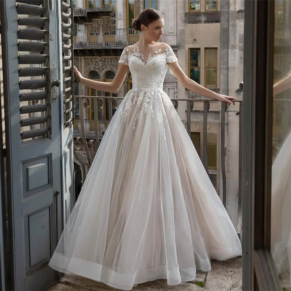 Elegante Brautkleider aus Tüll mit kurzen Ärmeln für Frauen, Spitze, Blumenmuster, A-Linie, rückenfrei, Brautkleider, Prinzessinnenroben, individuell gestaltet