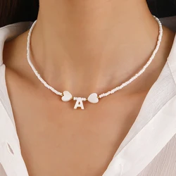 Minimalist style heart-shaped shell 26 letter pendant white rice bead necklace fashionable jewelry birthday gift 2025 new item