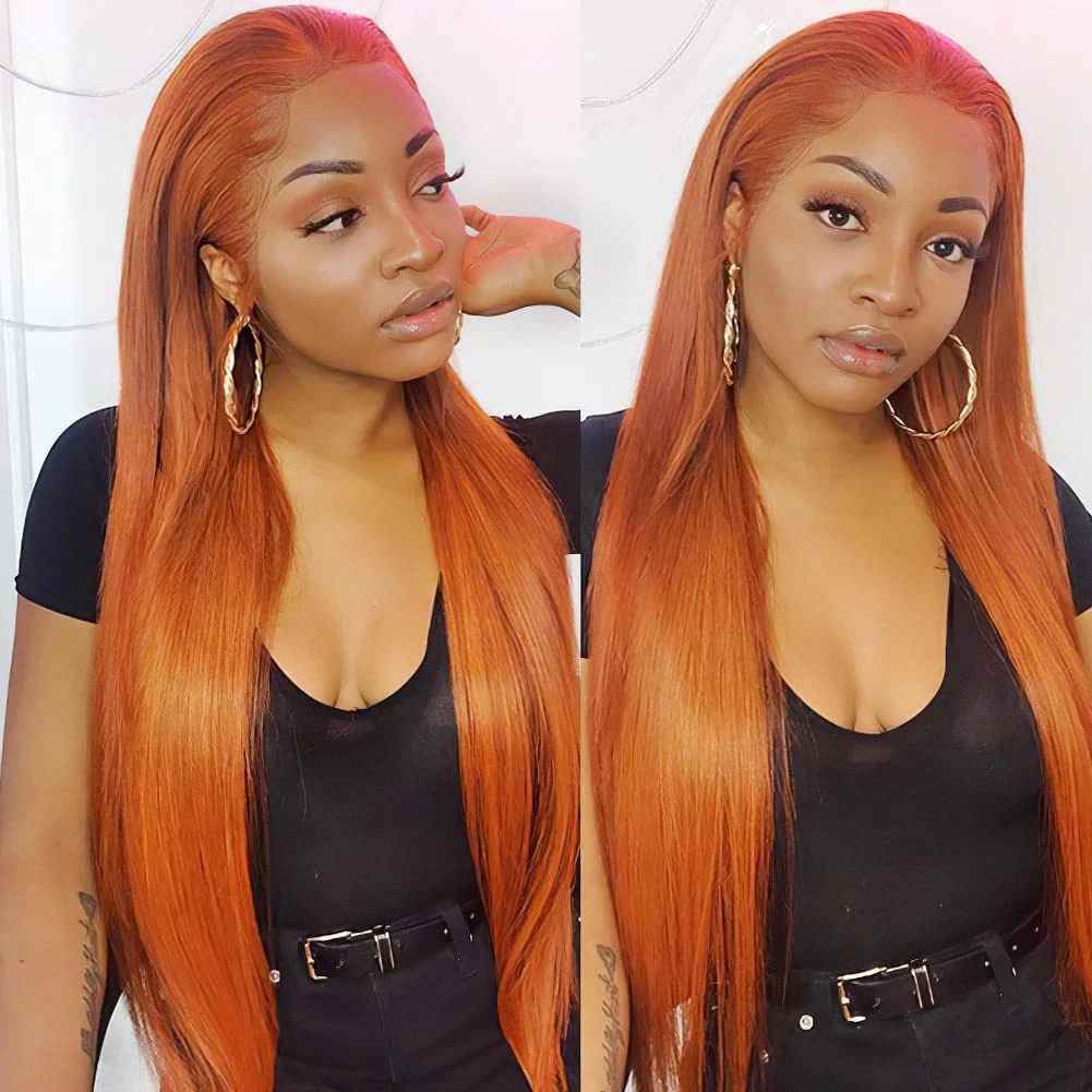 

200 Density Straight Ginger Orange 13x4 Brazilian Lace Front Wigs Preplucked 13x6 HD Transparent Lace Frontal Wigs For Women