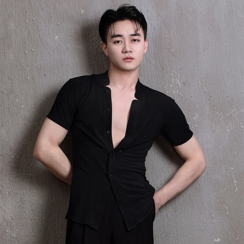 Neue Latin Dance Tops Männer Sexy V-ausschnitt Langarm Hemd Cha Cha Rumba Samba Leistung Tragen Männliche Wettbewerb Kleidung DNV13787