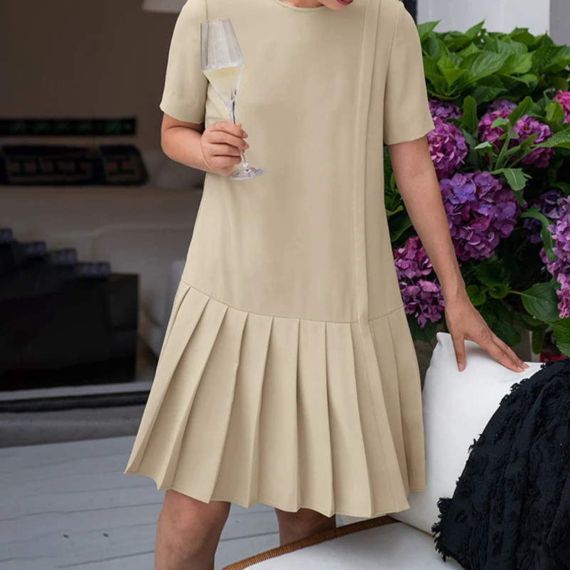 ZANZEA Modisches Sommerkleid mit Kurzen Ärmeln, Einfarbig, Knielang, Damenkleider 2026, Elegantes Plissiertes Arbeitskleid, Urlaubskleid, Vestidos