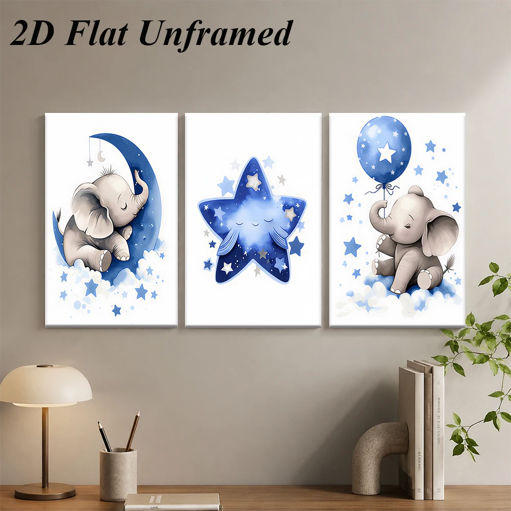 1 set of dreamy cartoon elephant triptych frameless decorative paintings with blue starry sky, moon, and star elements 2D plan