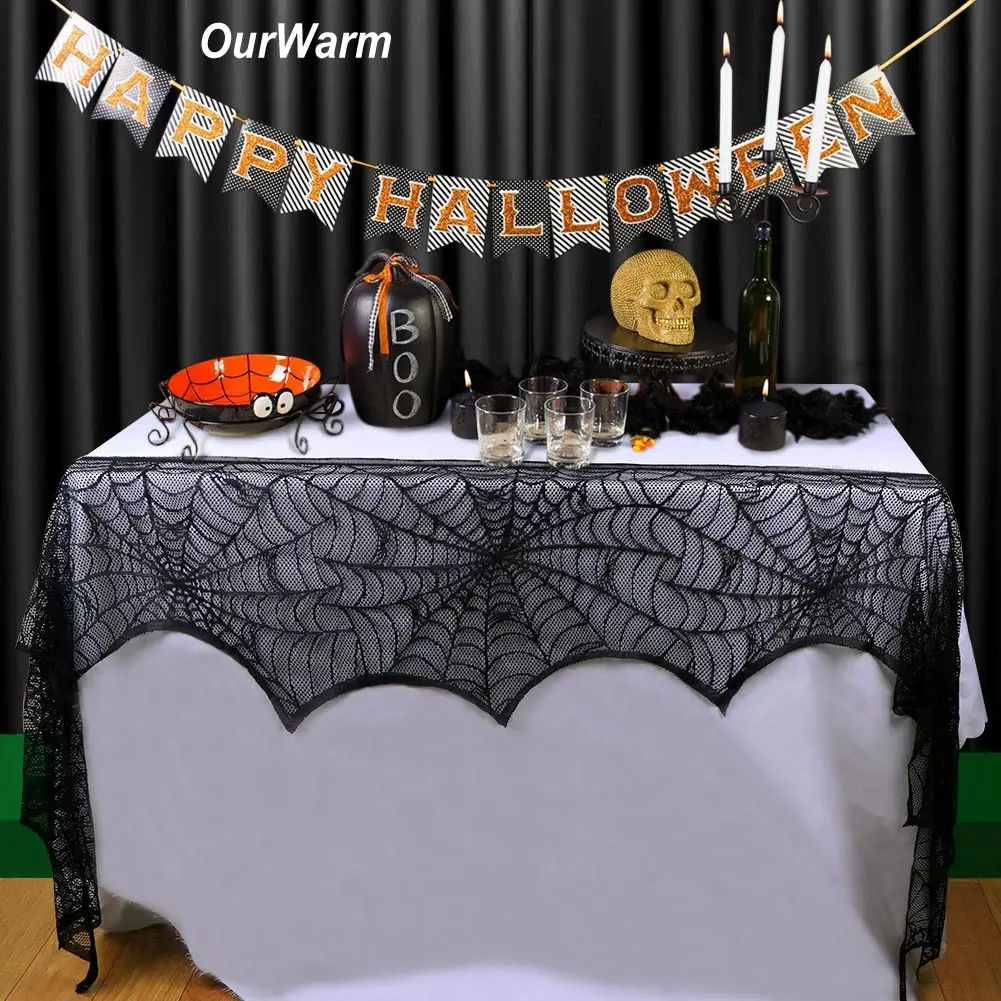 Ourwarm Halloween Decorative Bats Curtains Lace Spider Web Holiday Stove Towel Lampshade Fireplace Halloween Party Decoration