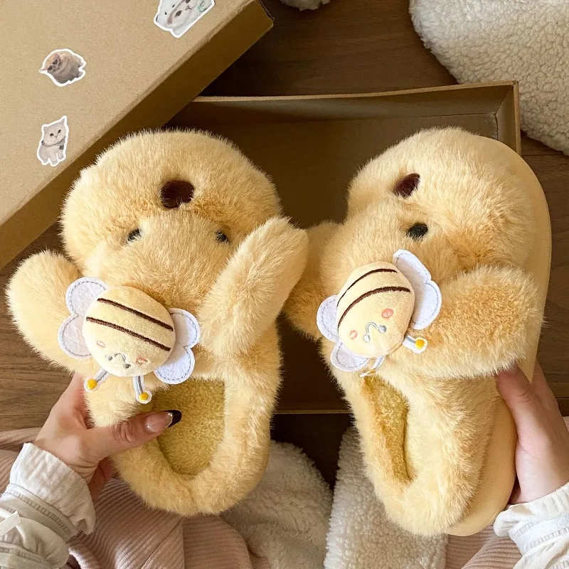 

Cute and Fun Honey Bee Puppy Fur Slippers for Women 2025 Autumn/Winter New Thick-soled Home Versatile Cotton Slippers for Women