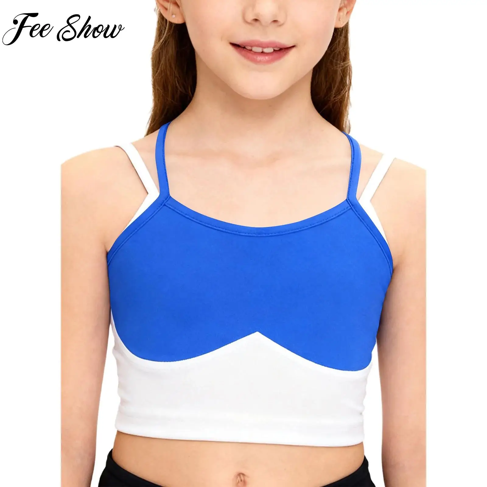 

Girls Color Block Vest Pilates Running Jogging Clothing Double Spaghetti Straps Crop Top Yoga Camisole Quick-Drying Athletic Top