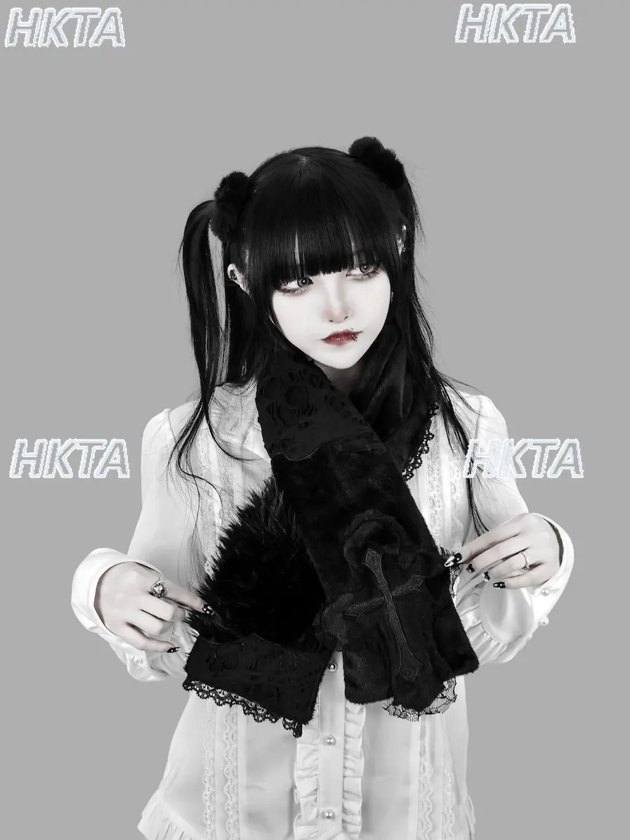 Dark Gothic Lace Embroidered Plush Scarf for Women Autumn Winter High-End Short Neck Warmer Subculture Punk Y2k Black Scarves