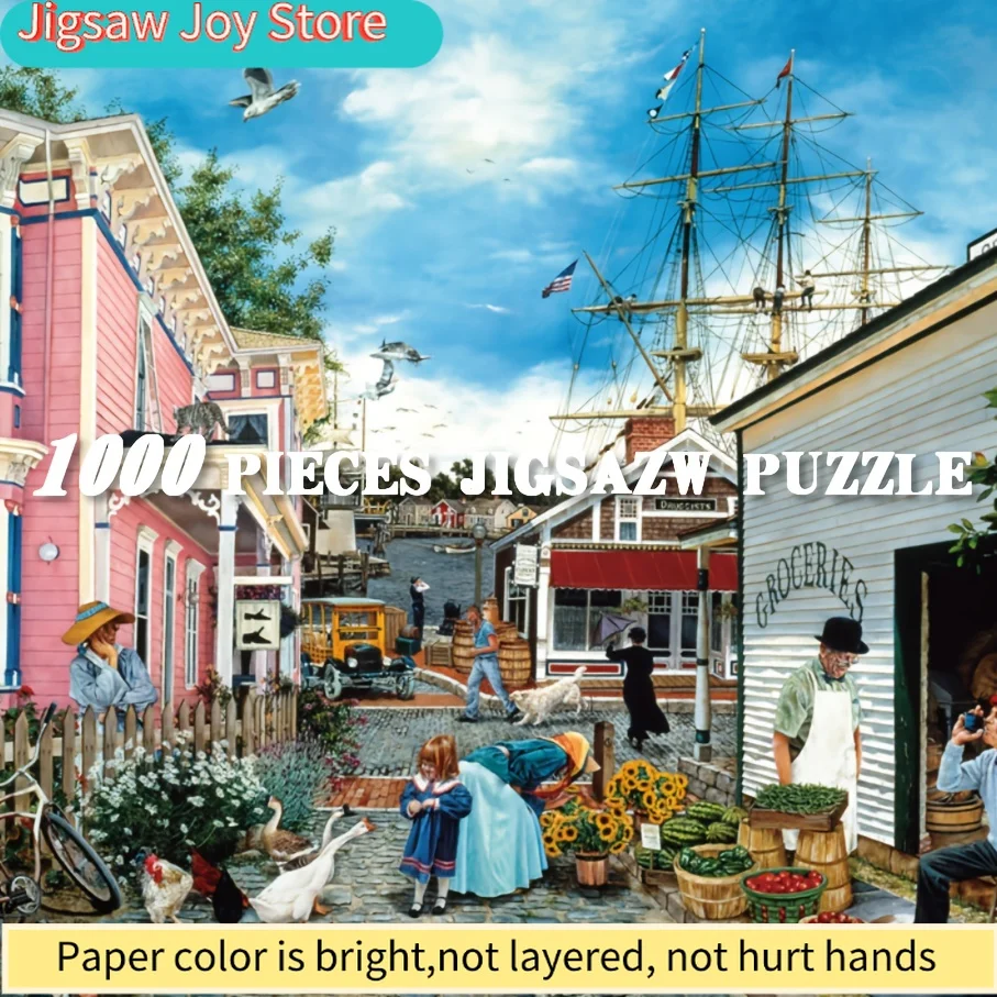 

Dock Town Art Jigsaw Puzzle - Charming Medieval Village Scene with Boats, Trains & Colorful Townscapes, 27x20in Paper Puzzle