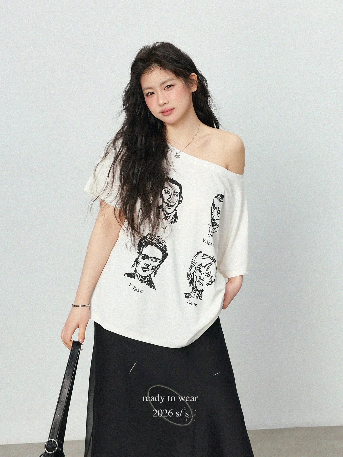 

plus Size Women's T-Shirt White off Shoulder Print Design Slimming Inner Wear Short Sleeve Casual Style Polyester Fiber