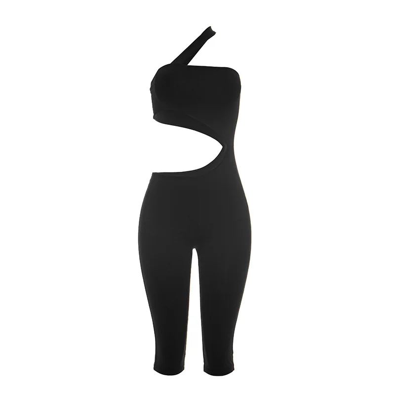 ANJAMANOR Combinaison noire asymétrique à une épaule, sans manches, dos nu, tenue sexy, été 2026 D85-BF18